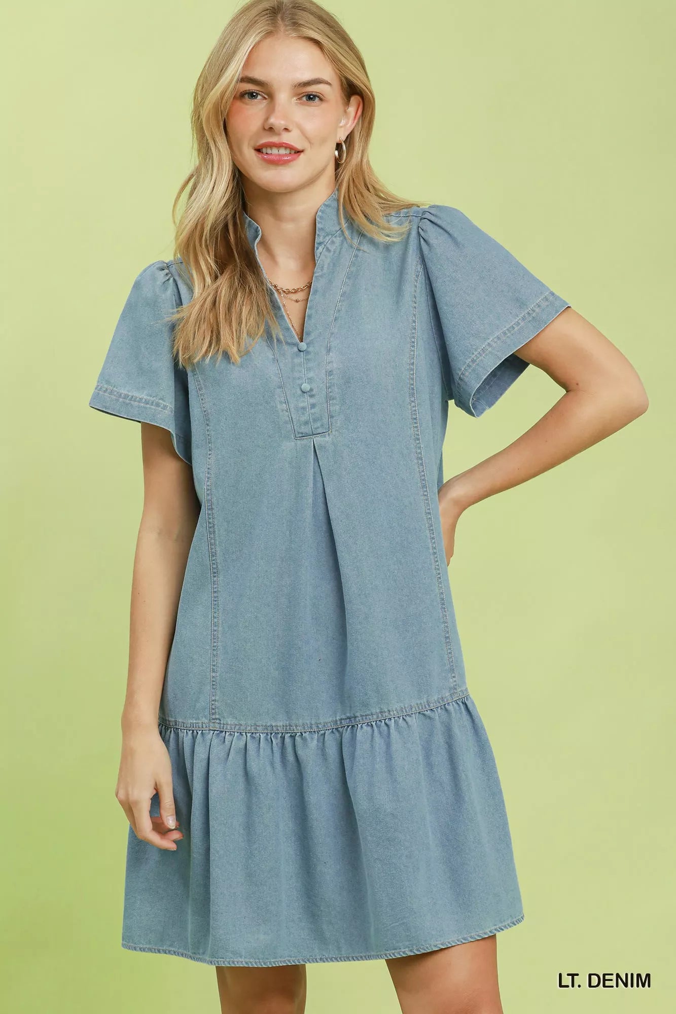 Umgee Ruffle Hem Mini Denim Dress in Denim