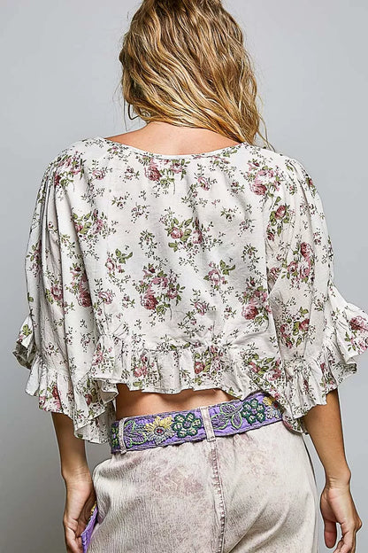 POL Ruffle Tie Front Cropped Floral Woven Flutter Sleeve Top