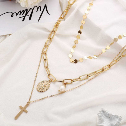 Pearl & Goldtone Cross Layered Pendant Necklace