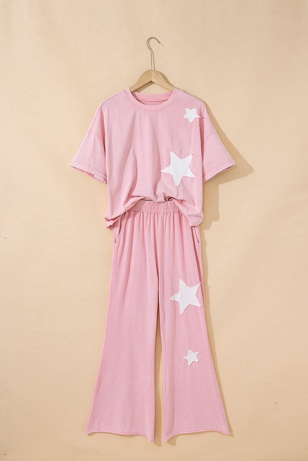 Threaded Pear Arabella Acid Wash Star Patched Rolled Trim Pants Set