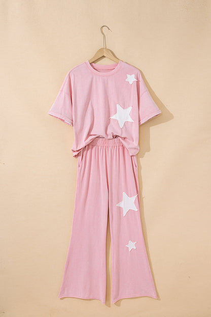 Threaded Pear Arabella Acid Wash Star Patched Rolled Trim Pants Set