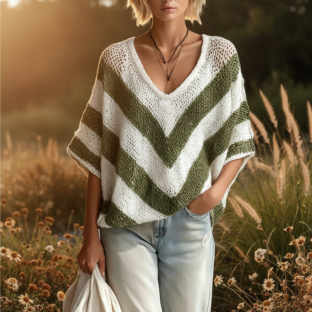 Women's V-Neck Knit Sweater – Loose Fit, Drop Shoulder, 3/4 Sleeve