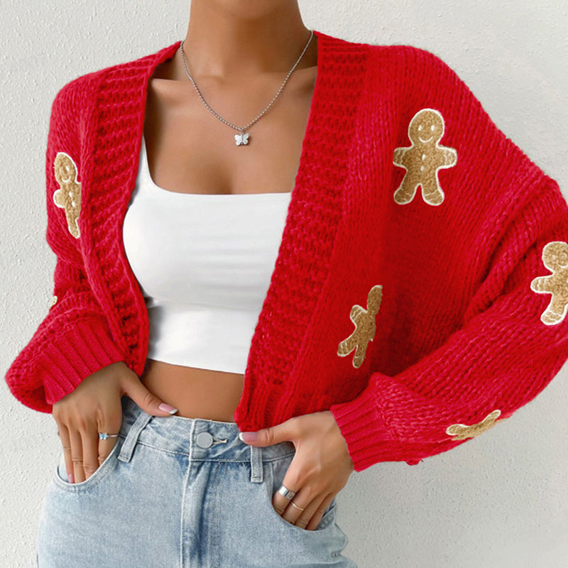 Gingerbread Man Knit Cardigan with Ribbed Cuffs