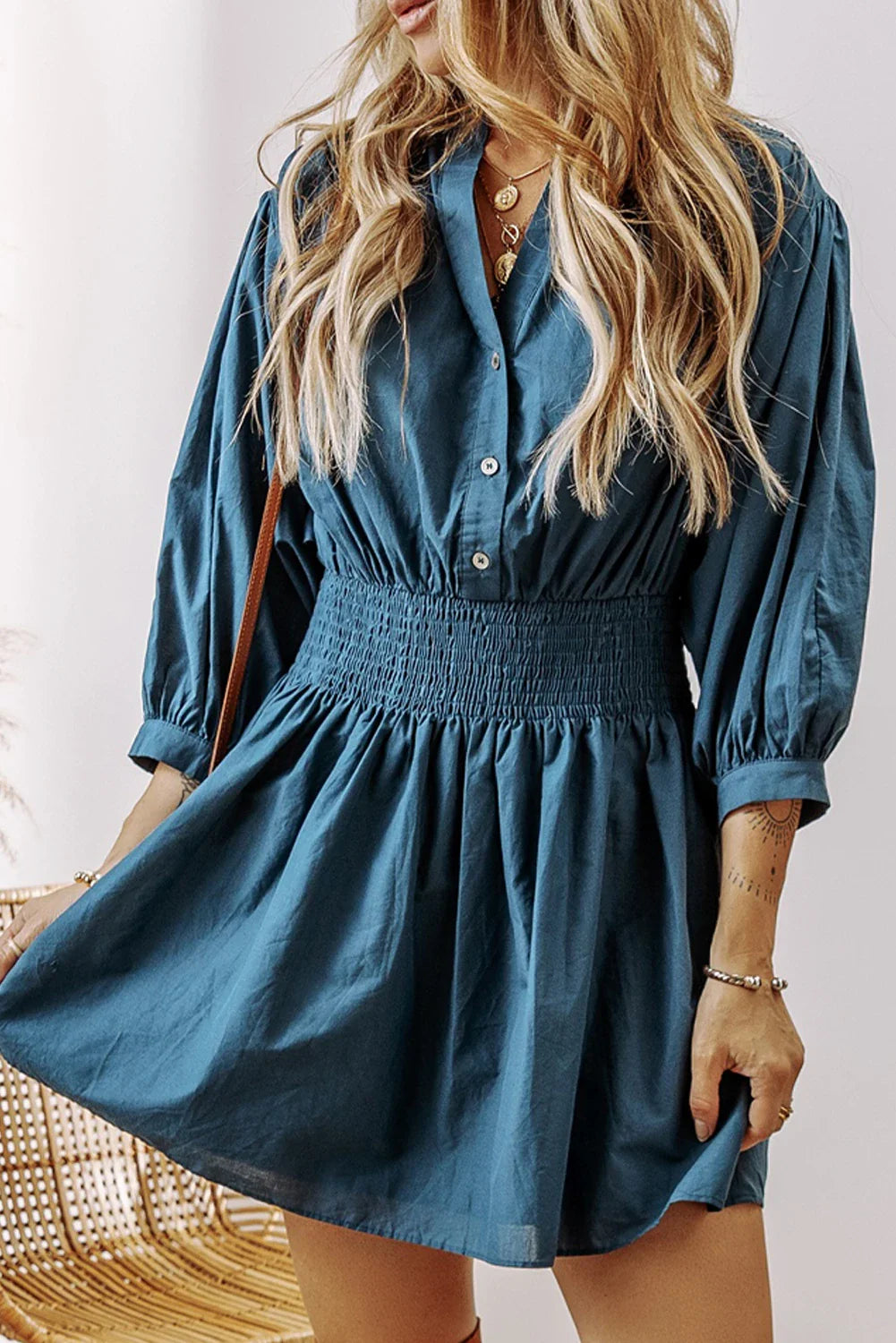 Tammy - Prussian Blue 3/4 Sleeve Shirred High Waist Buttoned Mini Dress