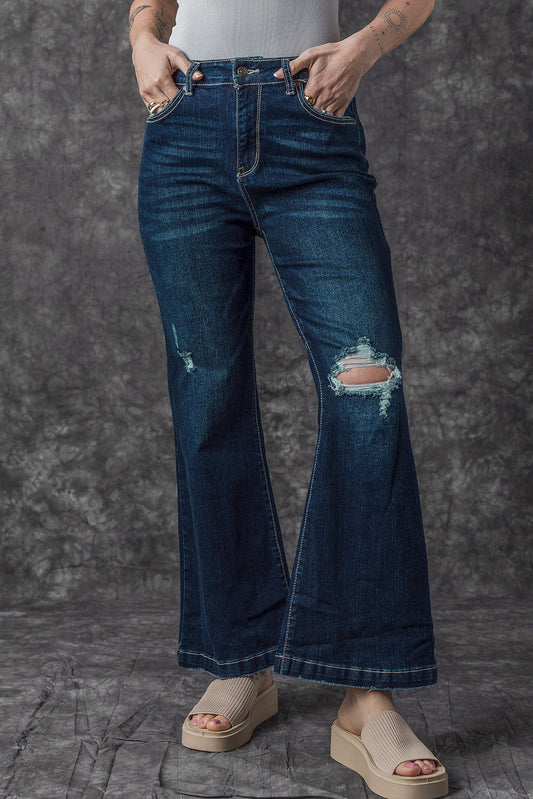 Threaded Pear Khloe High Rise Ripped Bell Bottom Jeans