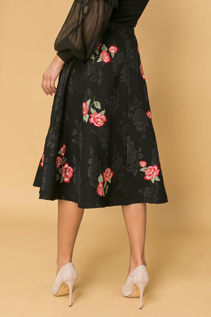 Rose Embroidery Midi Skirt