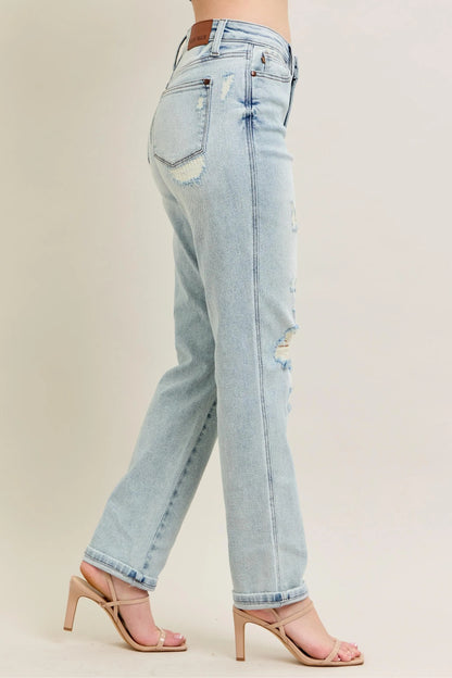 Judy Blue Full Size Mr Repair Stitch Detail Destroy Single Cuff Bf Jeans Plus Size