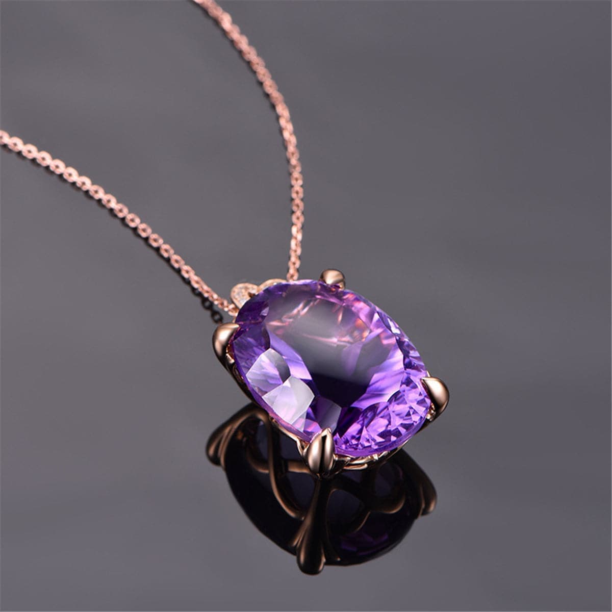 Purple Crystal & Cubic Zirconia Heart Oval Pendant Necklace