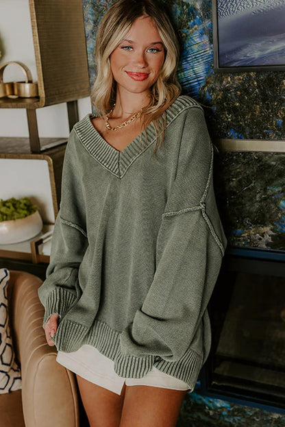 Four Leaf Clover Mineral Wash V Neck Knit Exposed Seam Drop Shoulder Loose Sweater