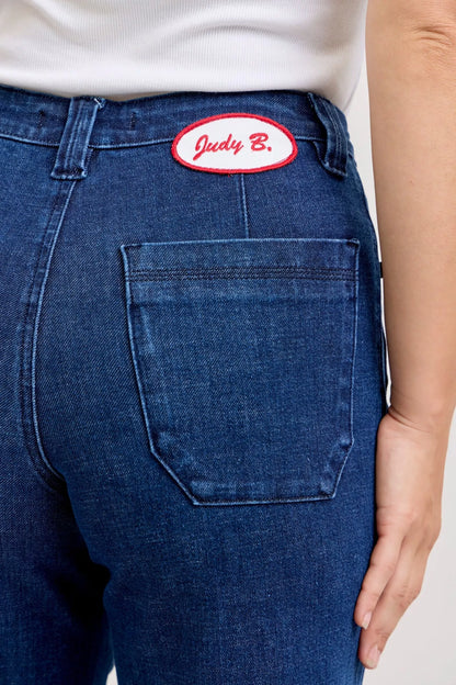 Judy Blue High-Waisted Retro Wide Jeans with Patch Pkts & Twisted Seams