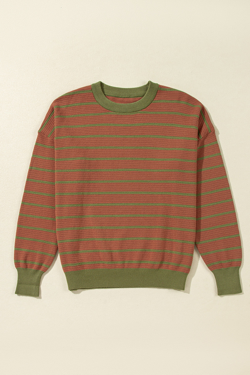 Threaded Pear Briar Stripe Trimmed Round Neck Loose Sweater