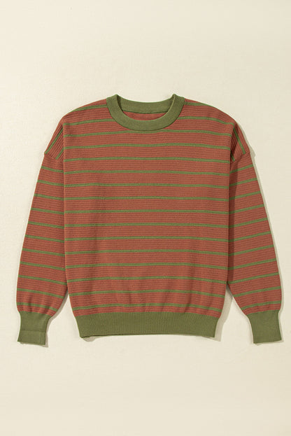 Threaded Pear Briar Stripe Trimmed Round Neck Loose Sweater