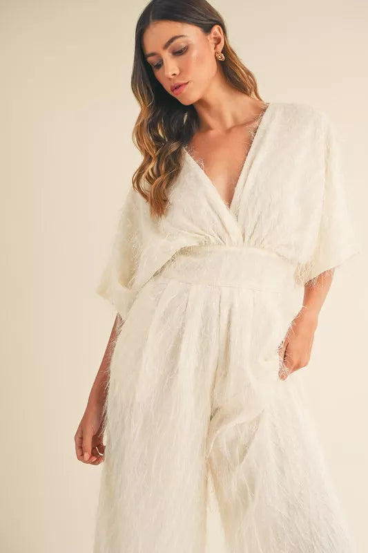 MABLE Fluffy Deep V Neck Wide Leg Jumpsuit