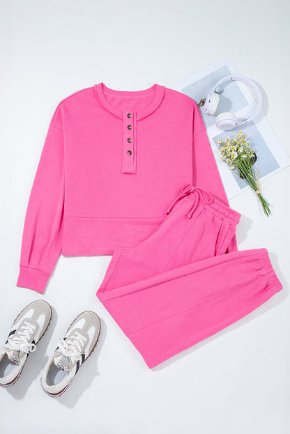 Threaded Pear Vera Raw Edge Half Buttons Pullover and Jogger Pants Set