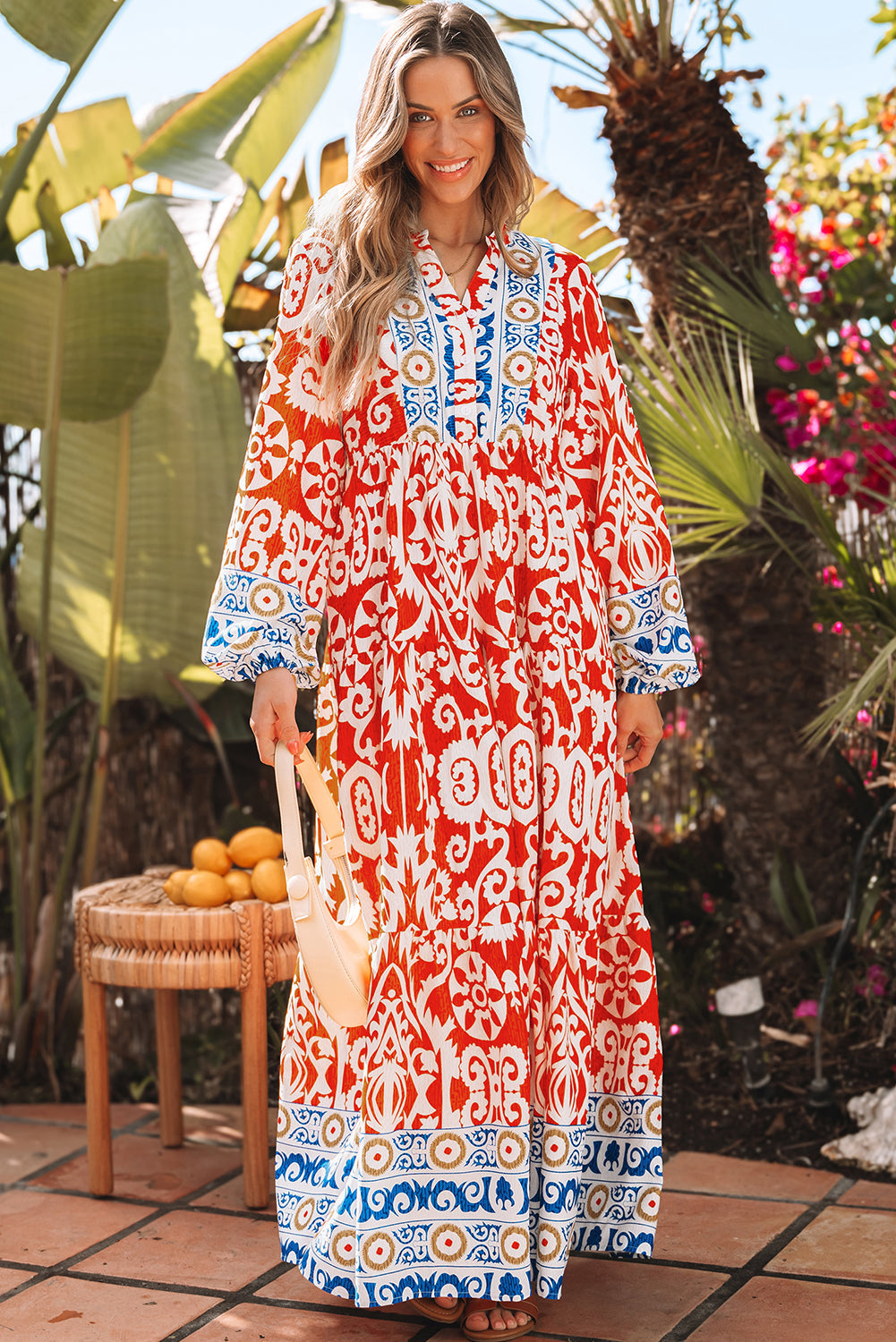 Threaded Pear Lenora Boho Geometric Printed Long Sleeve Maxi Dress