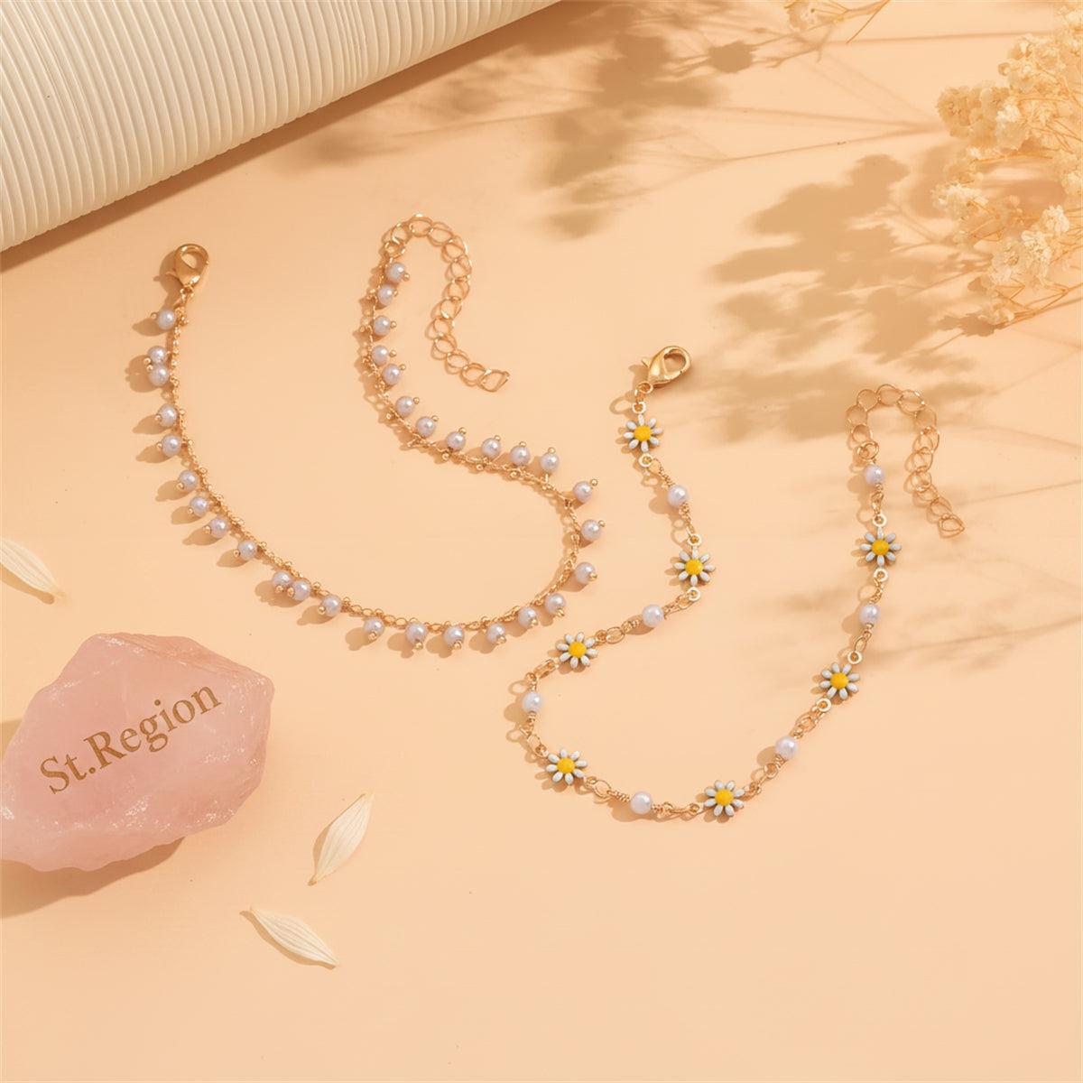Pearl & White Enamel Goldtone Mum Stations Chain Anklet Set