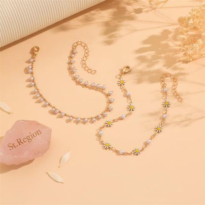 Pearl & White Enamel Goldtone Mum Stations Chain Anklet Set