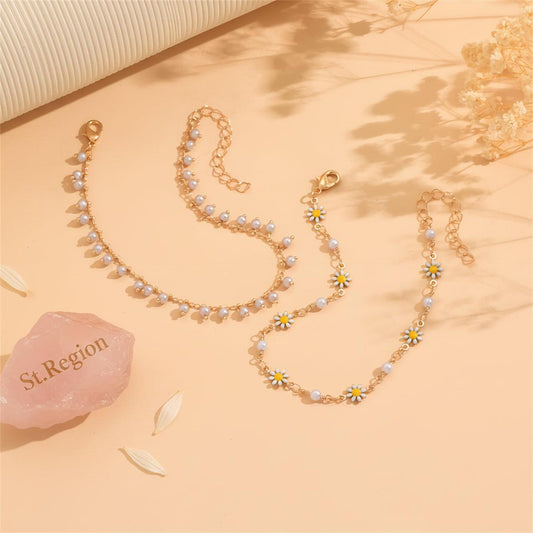 Pearl & White Enamel Goldtone Mum Stations Chain Anklet Set
