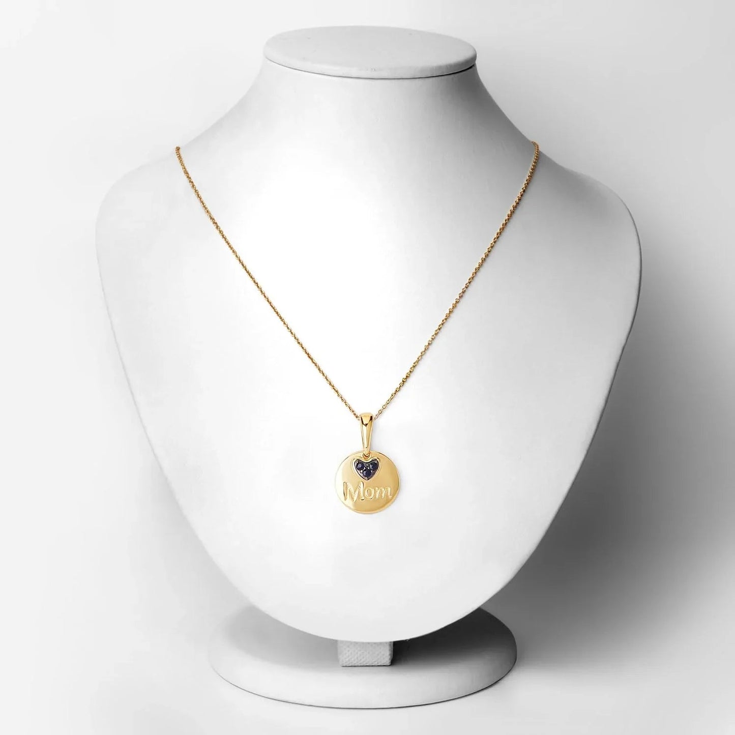 Round Blue Sapphire Prong Gold Plated Silver Mom Heart Pendant Necklace