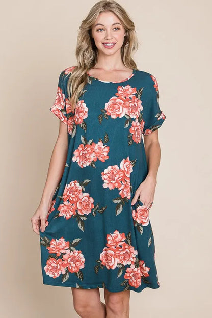 BOMBOM Floral Round Neck Short Tee Dress with Pockets