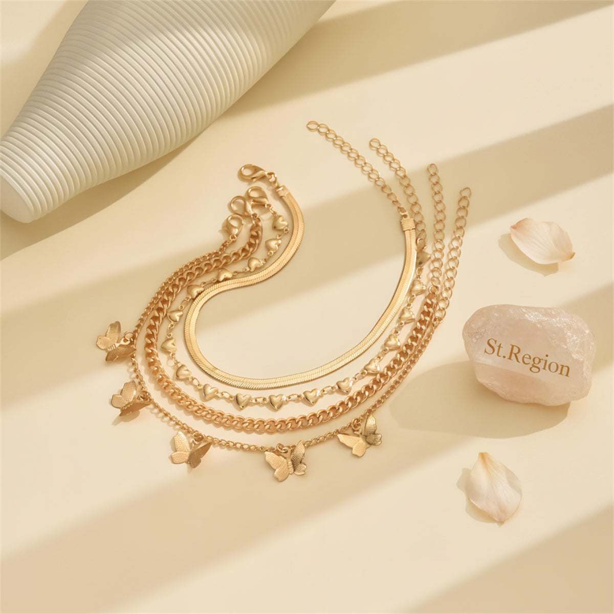 Goldtone Heart Station Butterfly Tassel Chain Anklet Set