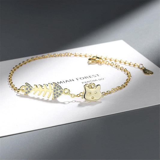 Cubic Zirconia & Goldtone Fishbone & Cat Charm Bracelet