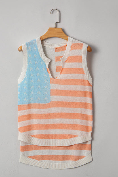 Threaded Pear Flag Notched Neckline Loose Sweater Vest