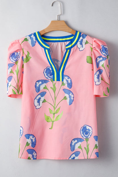 Threaded Pear Autumn Notched Bubble Sleeve Blouse