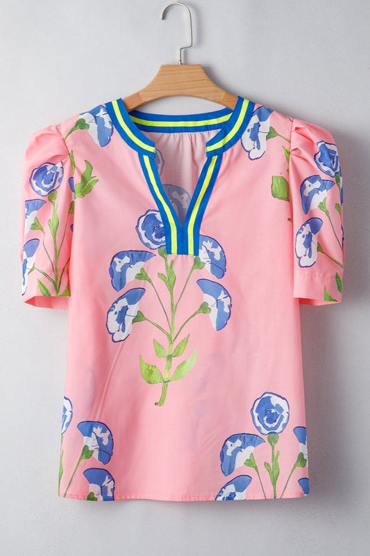Threaded Pear Autumn Notched Bubble Sleeve Blouse
