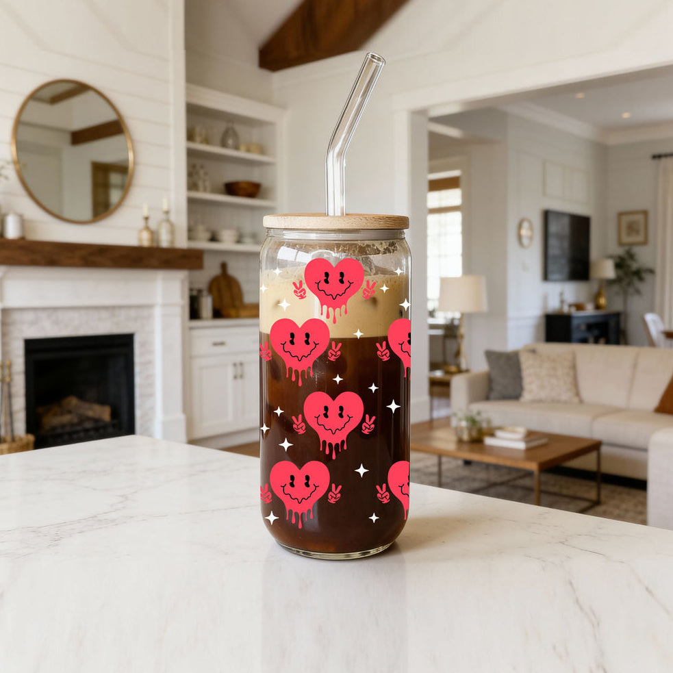 Badass Bougie Bitch 20oz glass cup for strong, confident women.
Retro clip design on a 20oz glass cup with smiley face candy hearts.
Peace sign red candy heart 20oz glass cup for Galentine’s Day gifts.