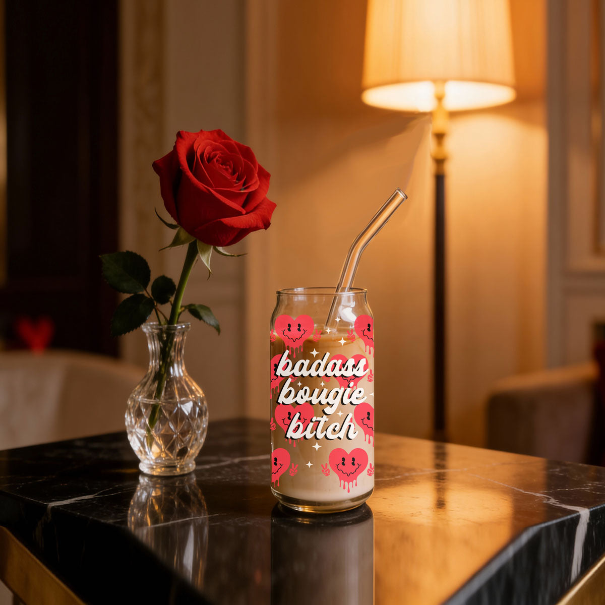 20oz glass cups with empowering "Badass Bougie Bitch" design.
Retro clip 20oz glass cups with smiley face candy hearts for sale. 
Cute peace sign candy heart 20oz glass cups for Galentine’s Day gifts.