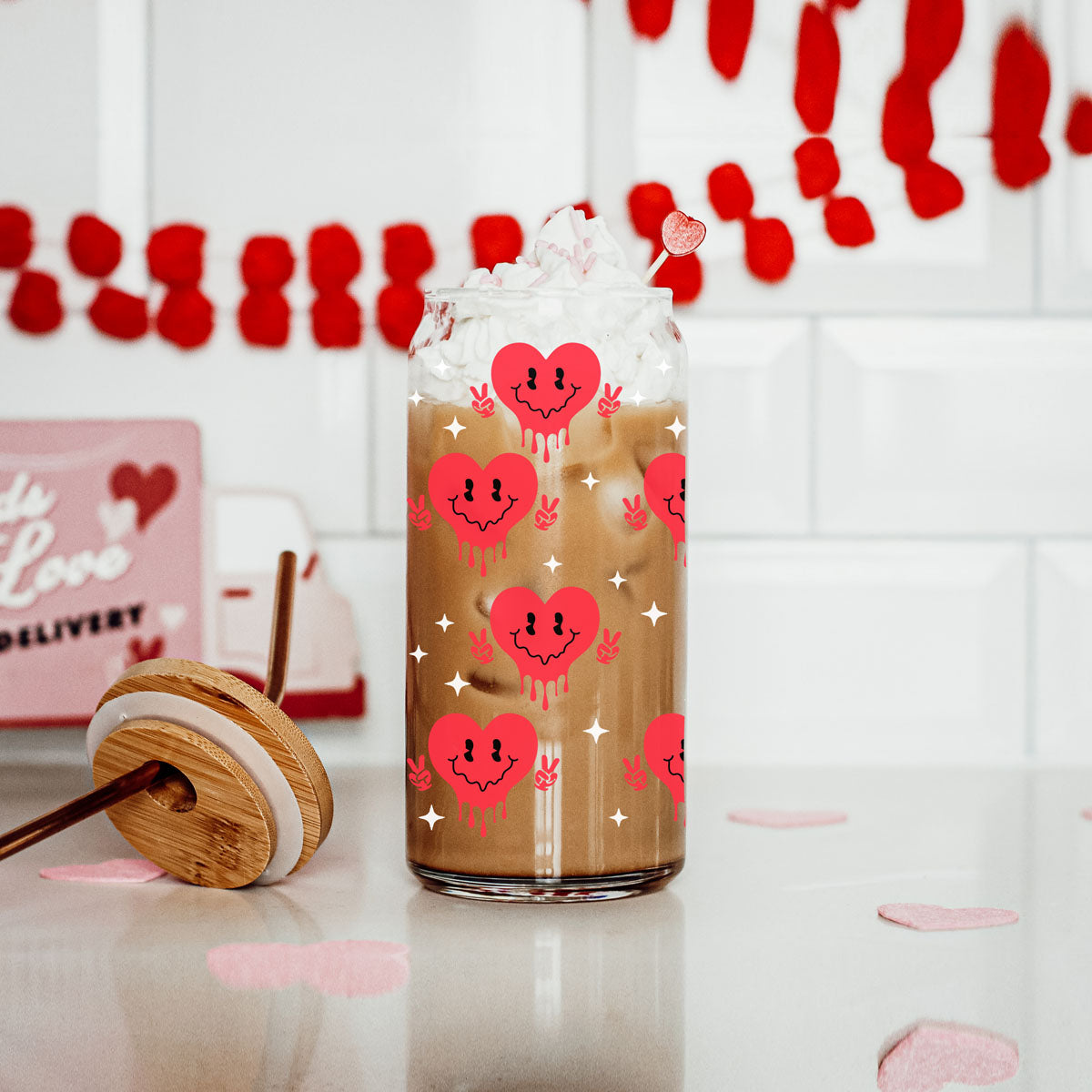 Empowering 20oz glass tumblers for wholesale women’s Valentine’s Day gifts
Glass tumblers with smiley face candy hearts for playful gifts.
Funny and sassy Galentine’s Day gifts for modern women.
Retro 20oz glass cups with inspirational messages for 