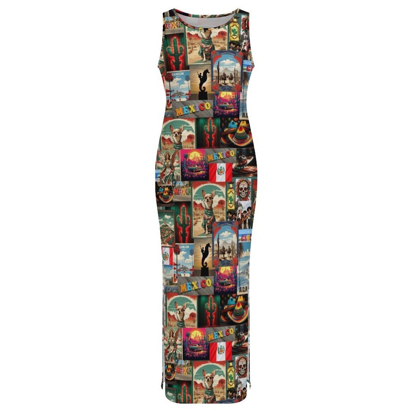 Baha Ranch Colores De Mexico Destination Mexico Sleeveless Bodycon Side Slit Long Dress