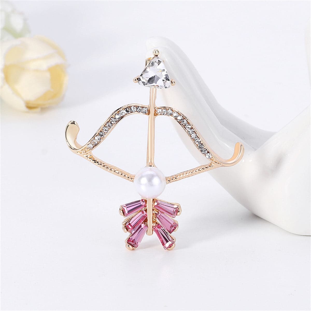 Clear Crystal & Cubic Zirconia Pearl Goldtone Bow Arrow Brooch
