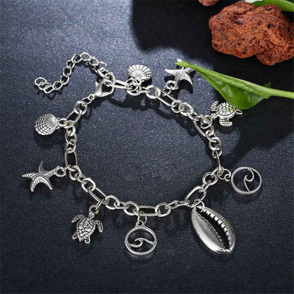 Silvertone Seashell & Starfish Station Anklet
