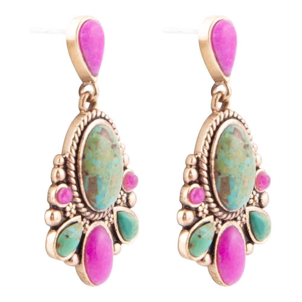 Barcelona Blue Turquoise and Pink Agate Golden Drop Earrings