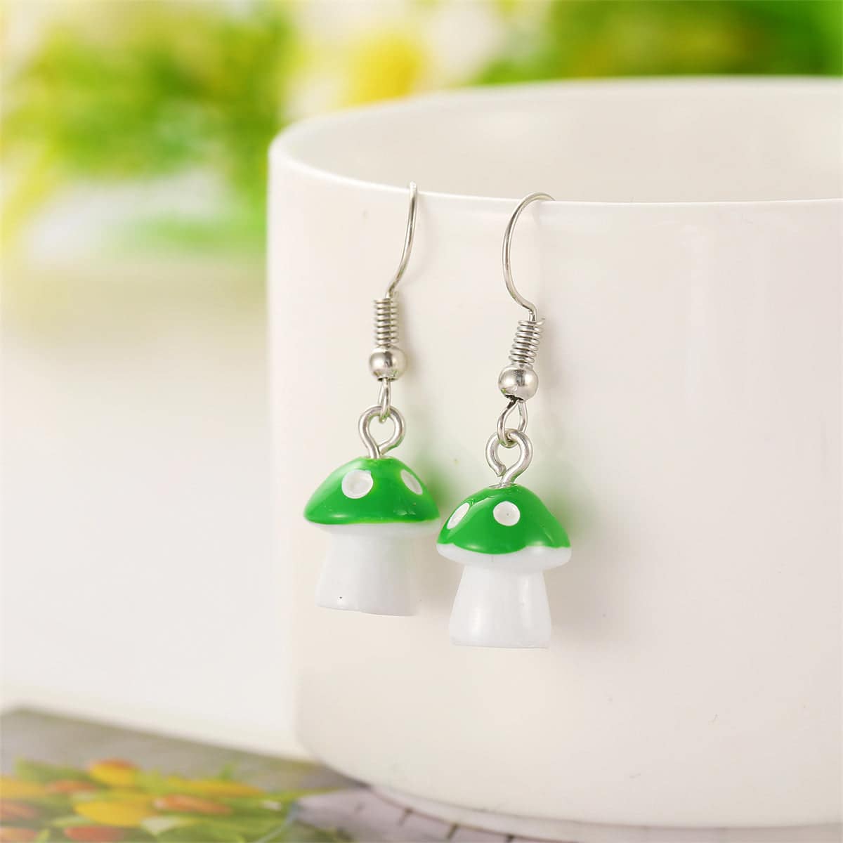 Green Resin & Silvertone Dot Mushroom Drop Earrings