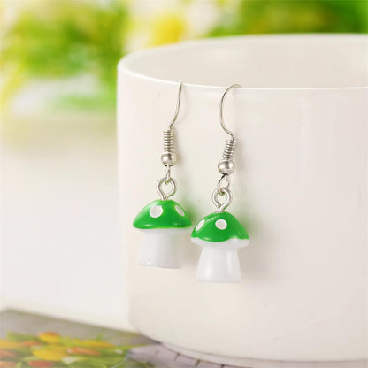 Green Resin & Silvertone Dot Mushroom Drop Earrings