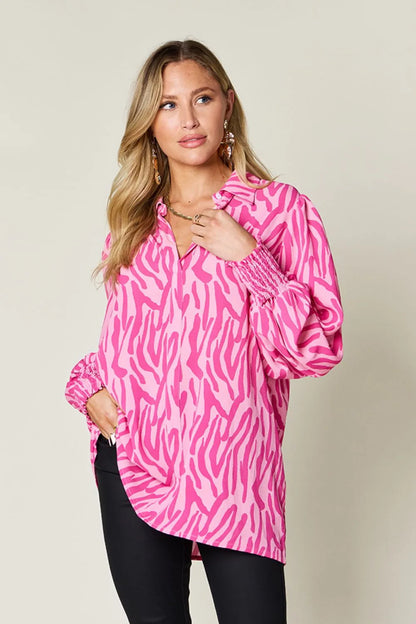 Double Take Full Size Printed Smocked Long Sleeve Blouse Plus Size