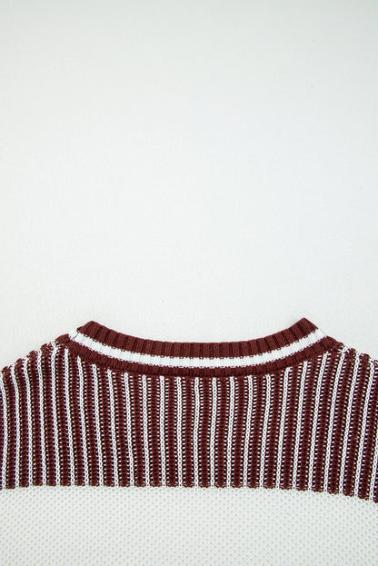 Brown Two Tone Striped Patchwork Drop Shoulder Sweater