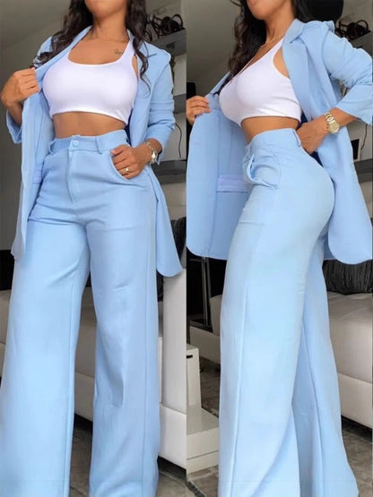Women's Longline Open-Front Blazer & High-Waist Wide-Leg Trousers Suit Set – 8 Colors