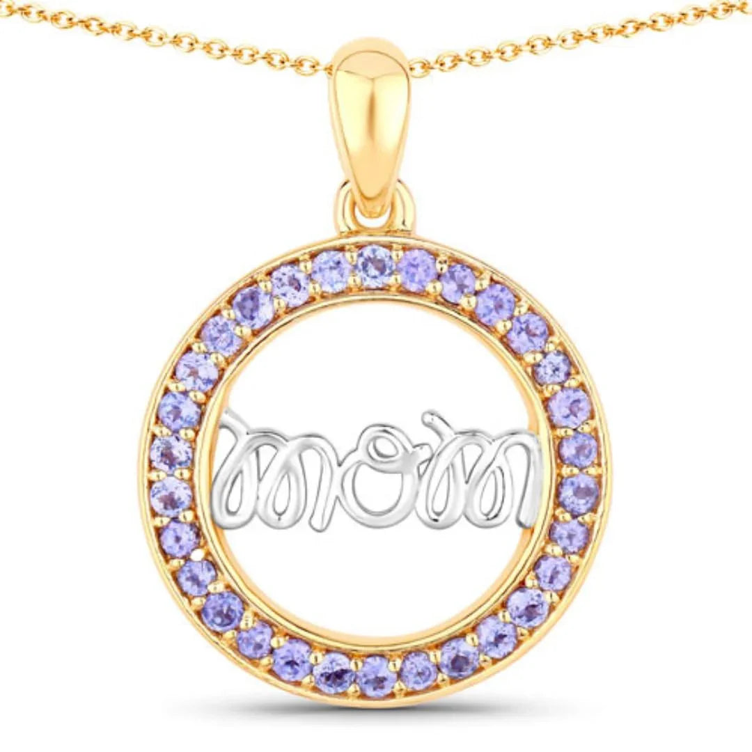 Round Violet Tanzanite Prong Gold Plated Silver Mom Circle Pendant Necklace
