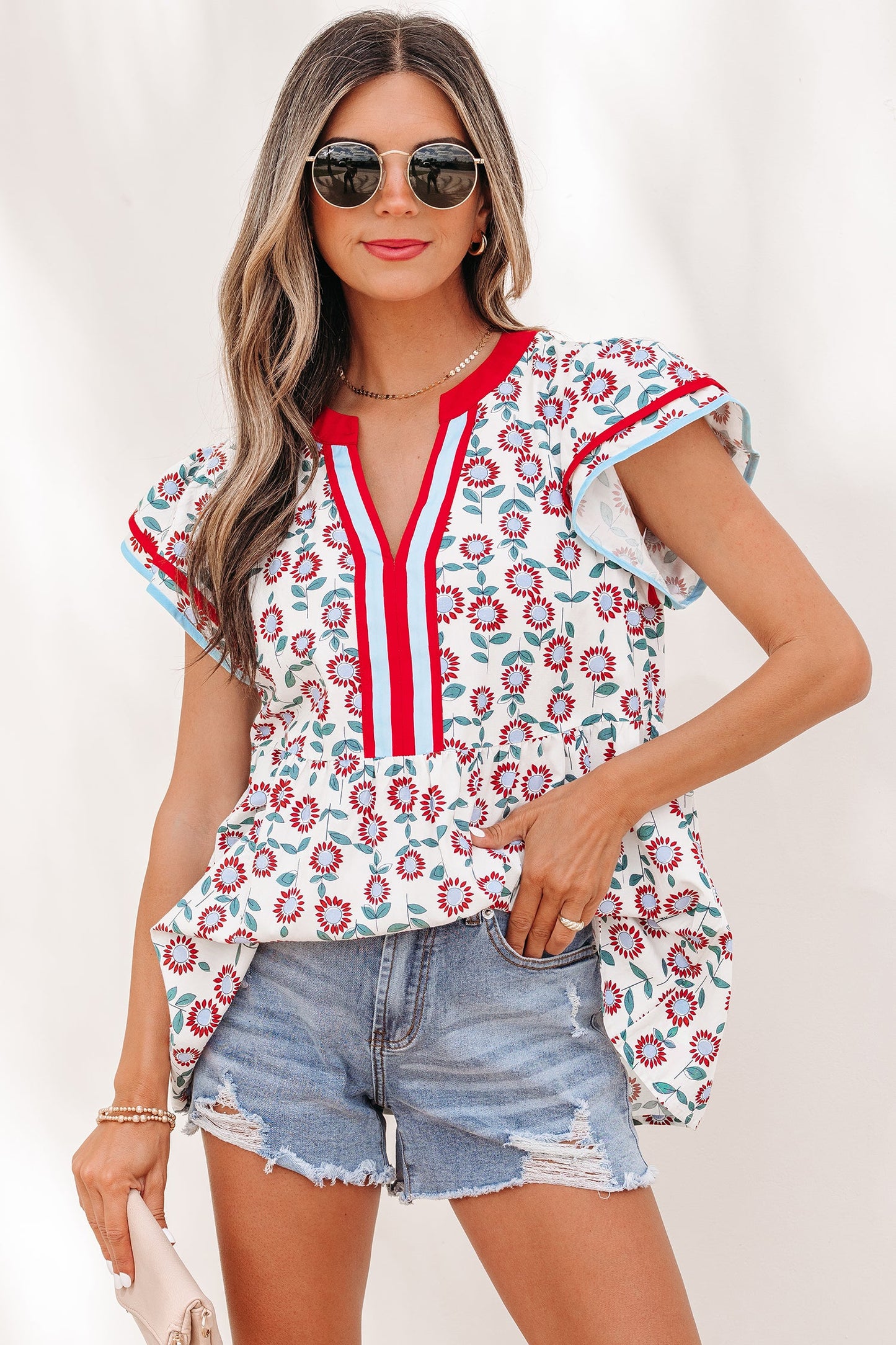 Threaded Pear Avery Trim Flutter Sleeve Blouse