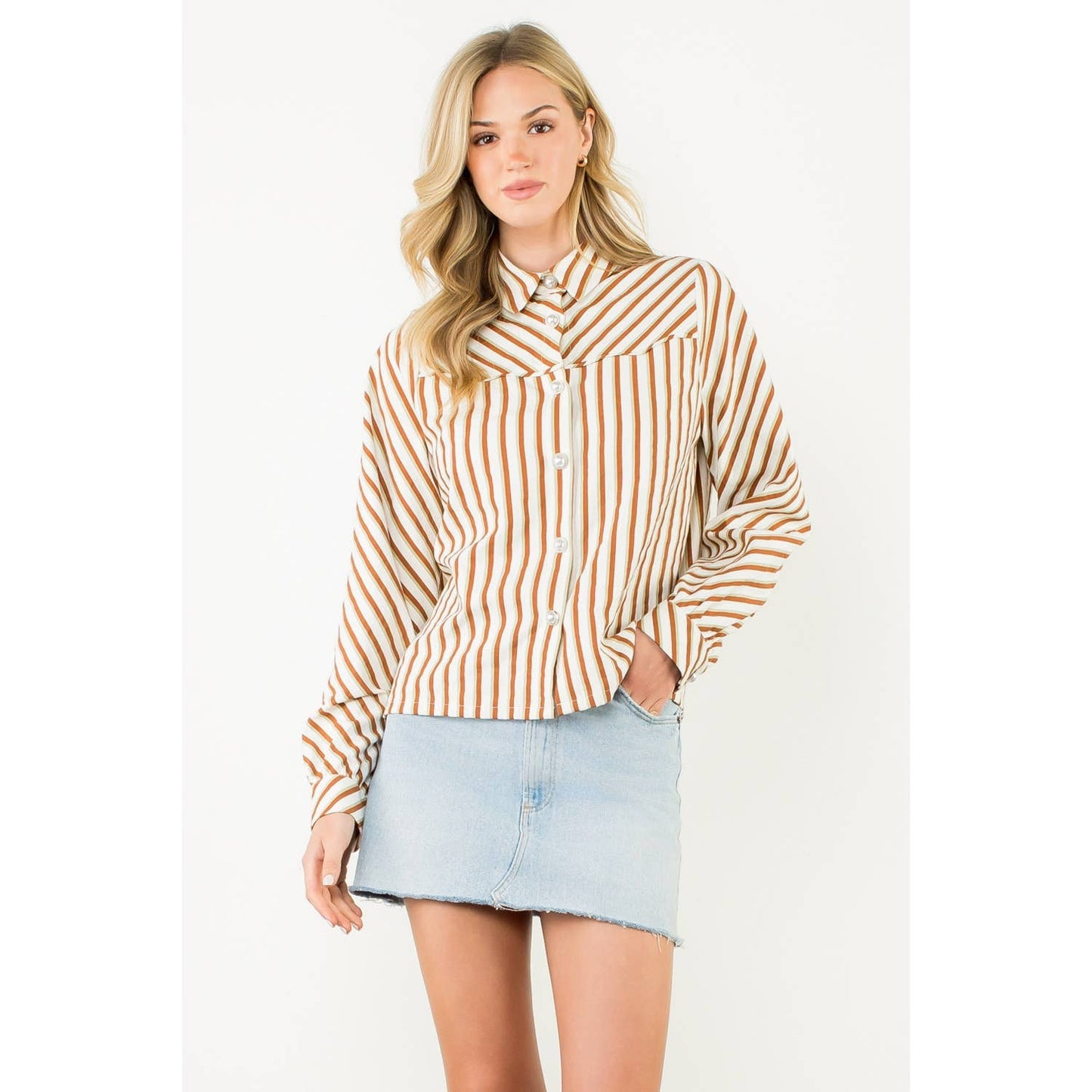 Kalli - Pearl Button Long Sleeve Stripe Top