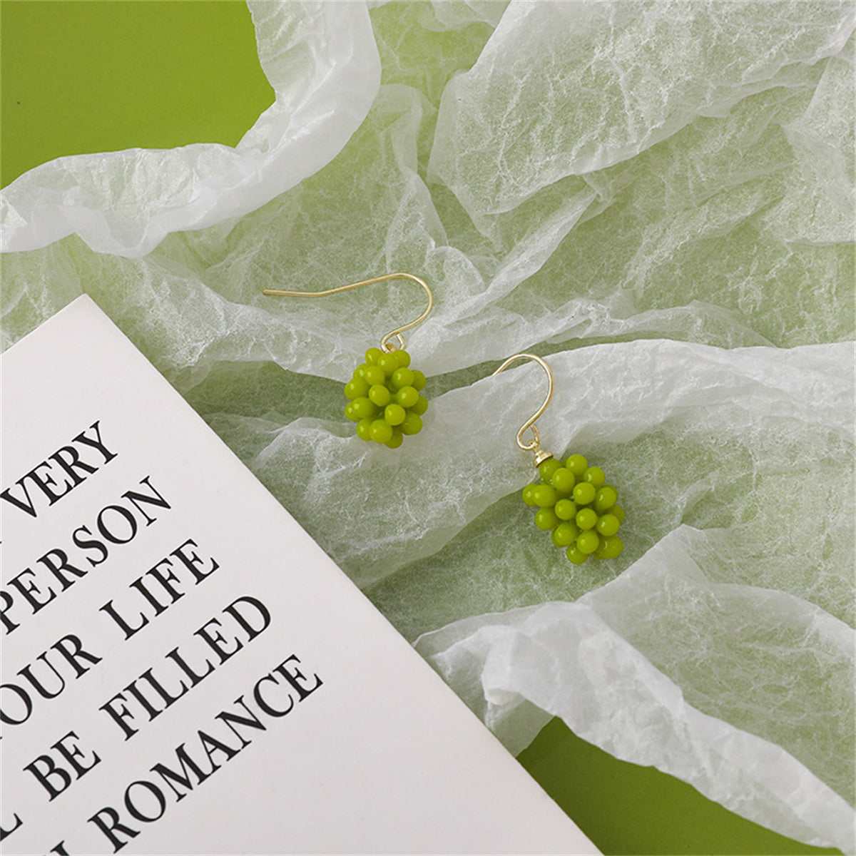 Green Resin & Goldtone Grape Bunch Drop Earrings