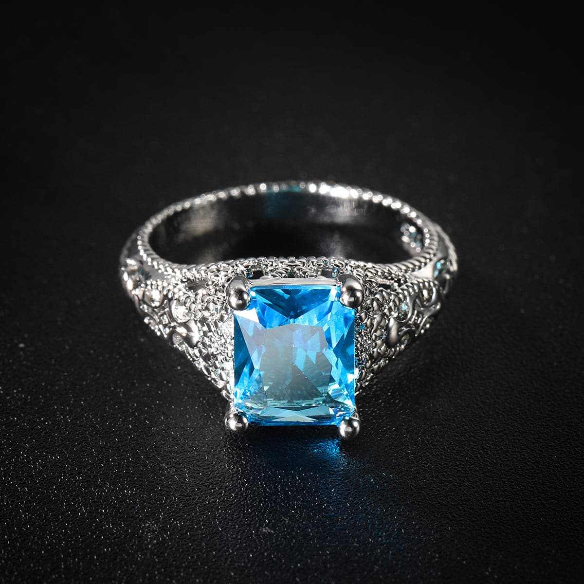 Sea Blue Crystal & Silvertone Cushion-Cut Milgrain Ring