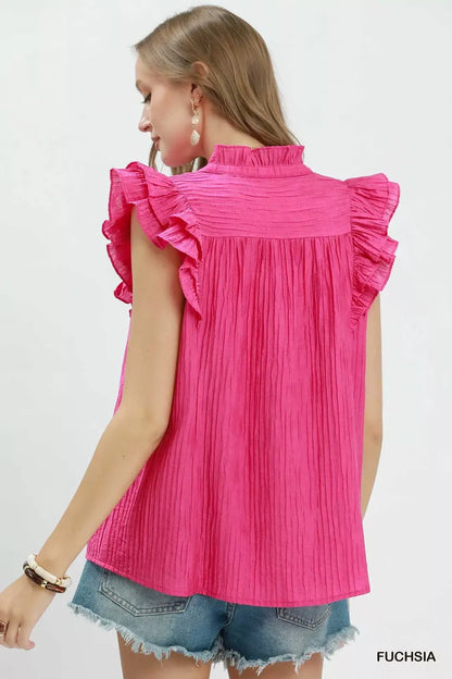 Umgee Textured Ruffle Sleeve Split V Neck Top