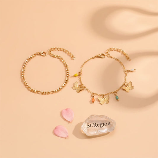Multi-Colored Acrylic & Goldtone Butterfly Tassel Anklet Set