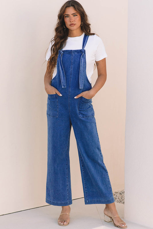 Threaded Pear Elodie Knotted Strap Wide Leg Denim Overalls