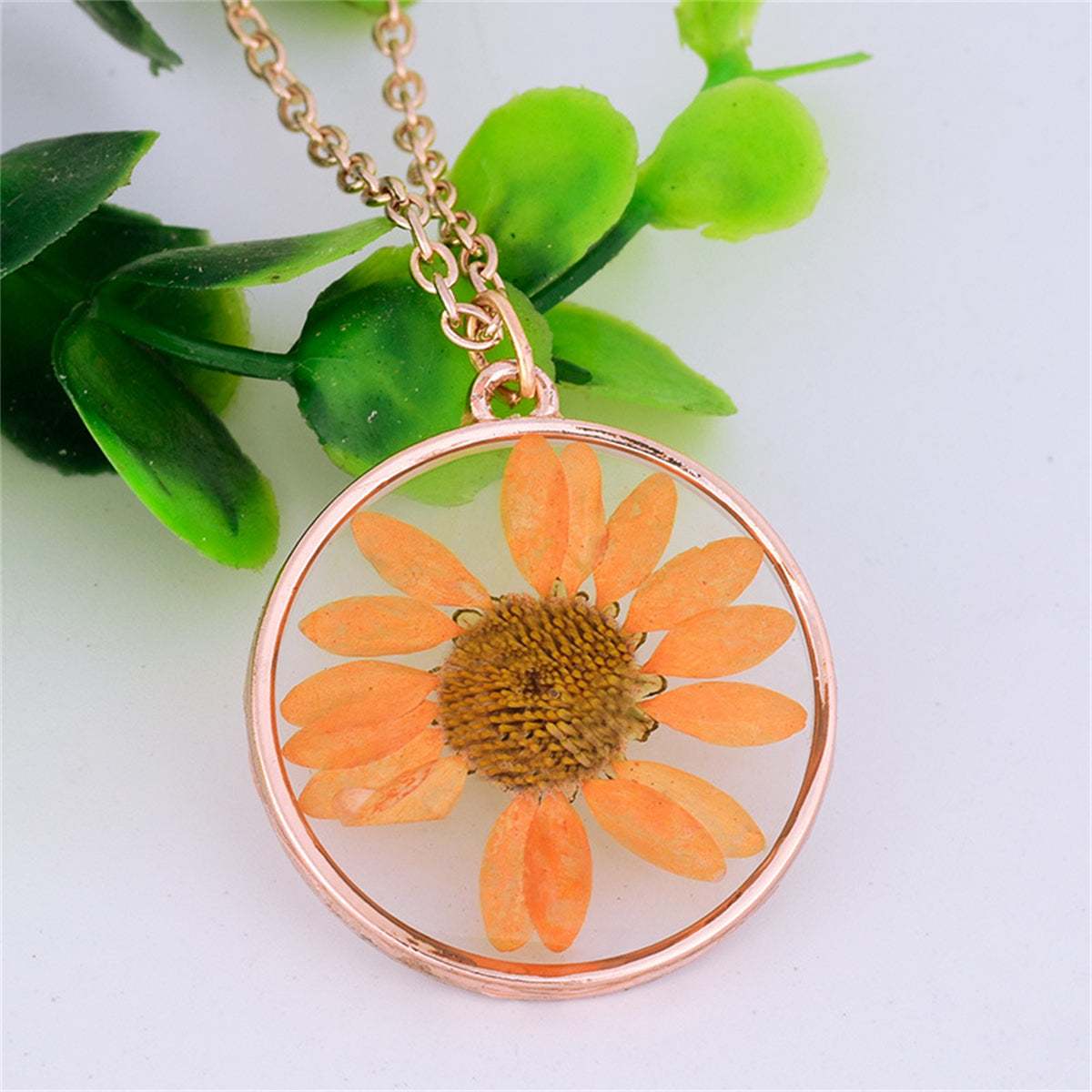 Orange Pressed Mum & Rose Goldtone Round Pendant Necklace